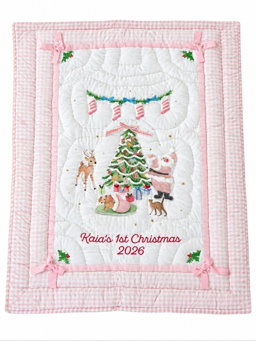 Pottery Barn Kids Blush Holly Jolly Santa Baby Quilt / Throw / Blanket